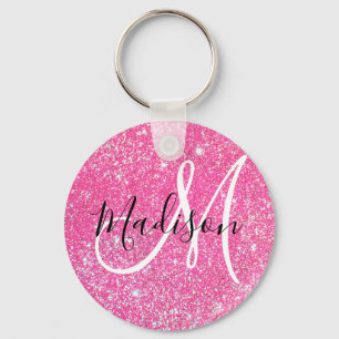 Porte-clés Paillettes Rose Chaud Glamour Féminin Nom Monogram