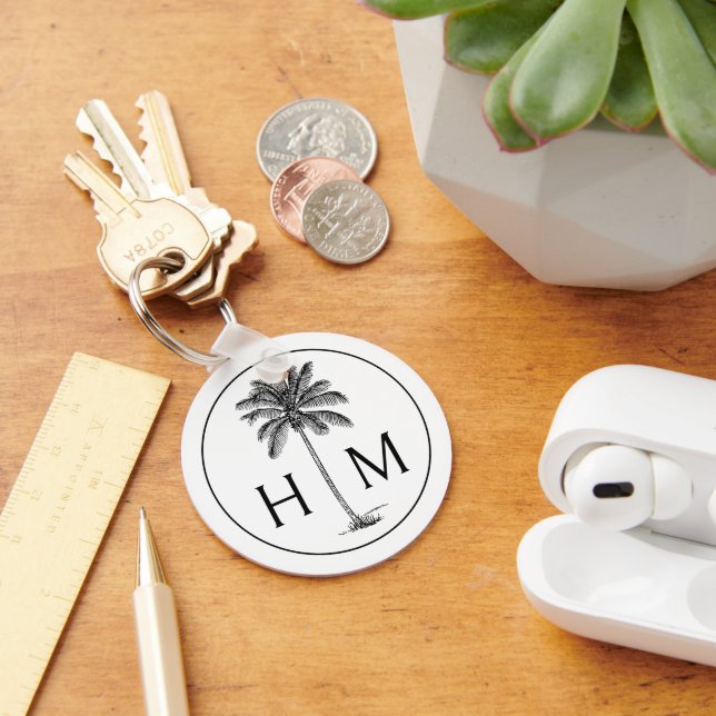 Porte-clés Palmier noir et blanc Monogramme de palmier (Bureau)