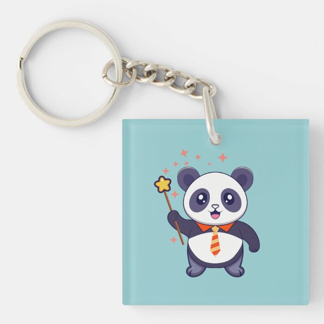 Porte-clés panda adorable avec cravate orange-jaune (Devant)