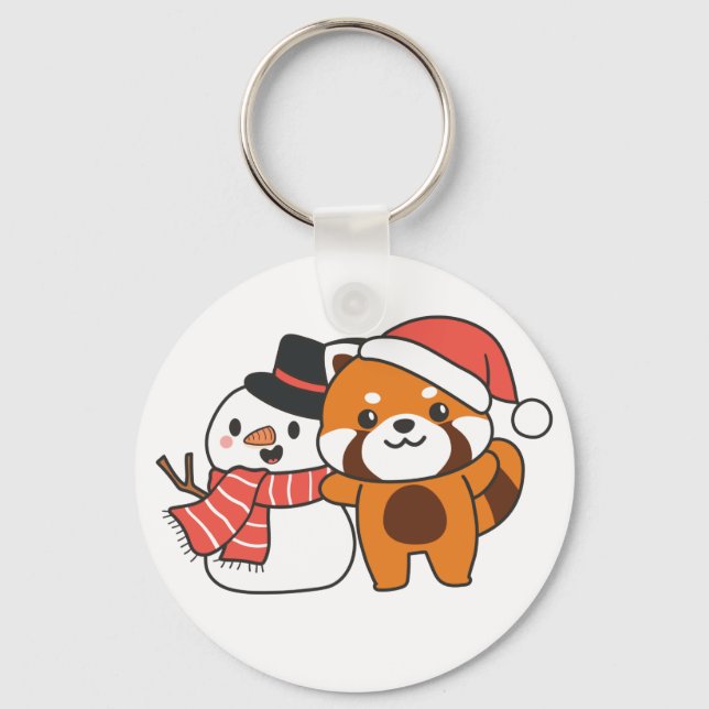 Porte-clés Panda Rouge Avec Snowman En Hiver Pour Noël Clé (Recto)