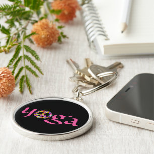 Porte-clés Panneau de paix Yoga Floral sur noir