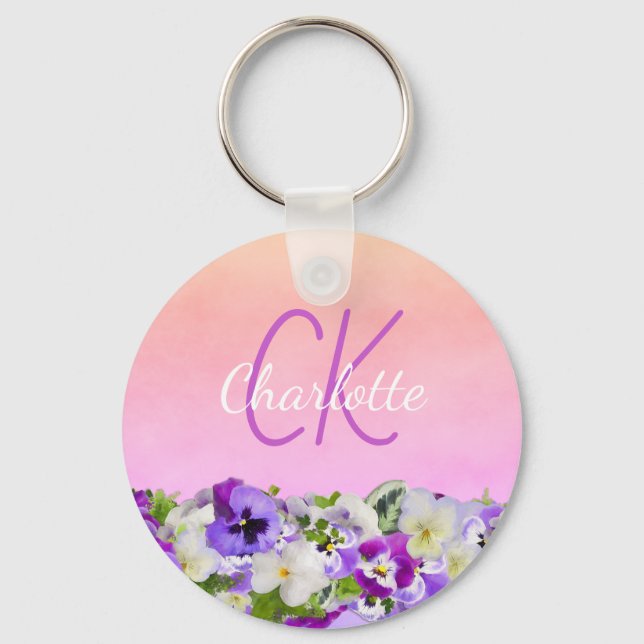 Porte-clés Pansies florales violet rose monogramme nom script (Recto)