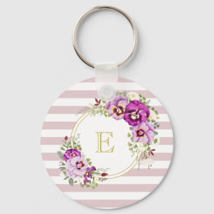 Porte-clés Pansies Vintages florales Monogrammes Rayures viol