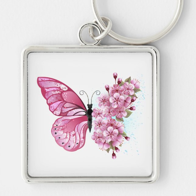 Porte-clés Papillon à fleurs avec Sakura rose (Devant)