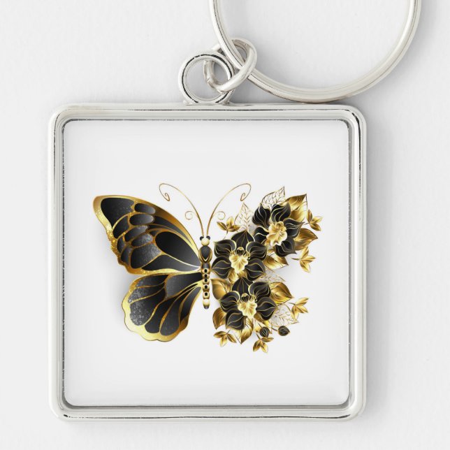 Porte-clés Papillon à fleurs d'or avec orchidée noire (Devant)