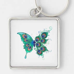 Porte-clés Papillon aux plumes de paon vert