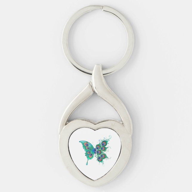 Porte-clés Papillon aux plumes de paon vert (Devant)