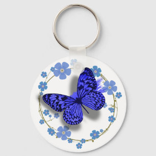 Porte-clés Papillon bleu & Fleurs Joli Clé/Sac Chaîne