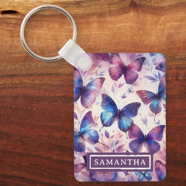 Porte-clés Papillon d'aquarelle rose-violet personnalisé (Recto)