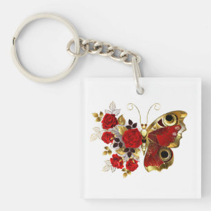 Porte-clés Papillon de fleurs rouges aux roses rouges