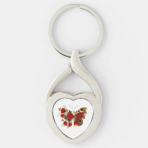 Porte-clés Papillon de fleurs rouges aux roses rouges