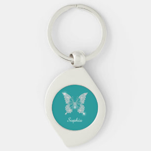 Porte-clés Papillon Diamant Blanc, Nom du script, Turquoise p