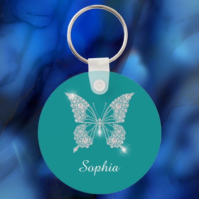 Porte-clés Papillon Diamant Blanc, Nom du script, Turquoise p (Créateur téléchargé)