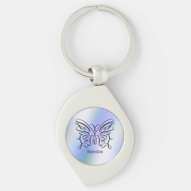 Porte-clés Papillon Holographique Bleu Violet Monogramme Nom (Devant)