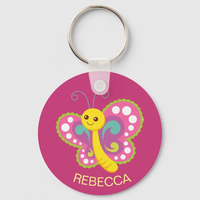 Porte-clés Papillon joyeux personnalisé rose personnalisé (Recto)