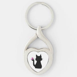 Porte-clés Papillon rose Silhouette de chat noir
