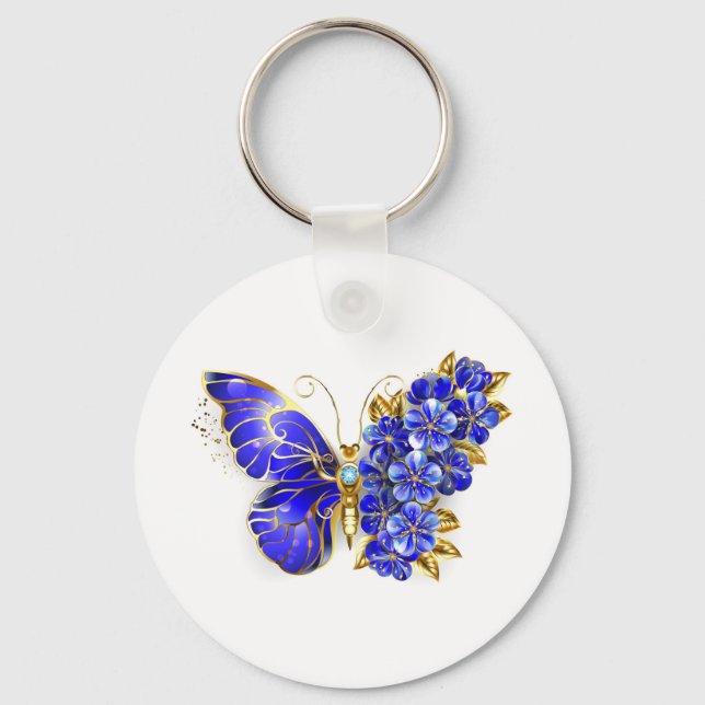 Porte-clés Papillon saphir à fleurs (Recto)