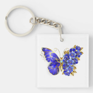 Porte-clés Papillon saphir à fleurs