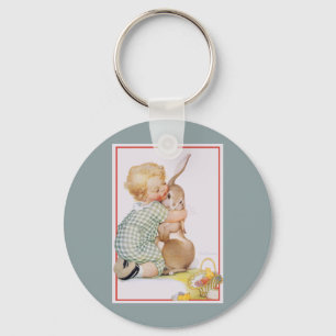 Porte-clés Pâques vintage, enfant garçon mignon avec lapin de