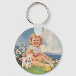 Porte-clés Pâques vintage, fille avec poussins agneau dans la