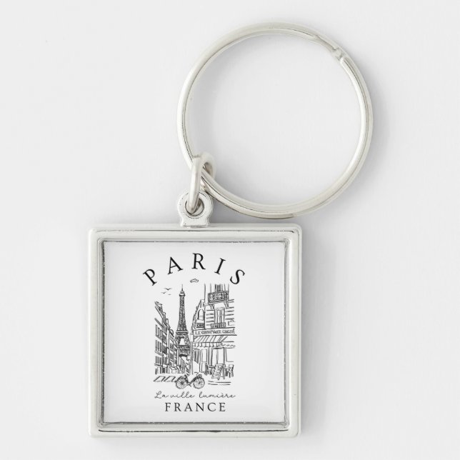 Porte-clés Paris France –  Sketch with Eiffel Tower & Café (Devant)