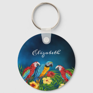 Porte-clés Parrots birds blue sky palm leaves name