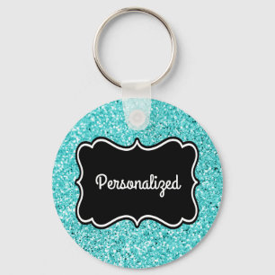 Porte-clés Parties scintillant Aqua Cadre personnalisé noir e