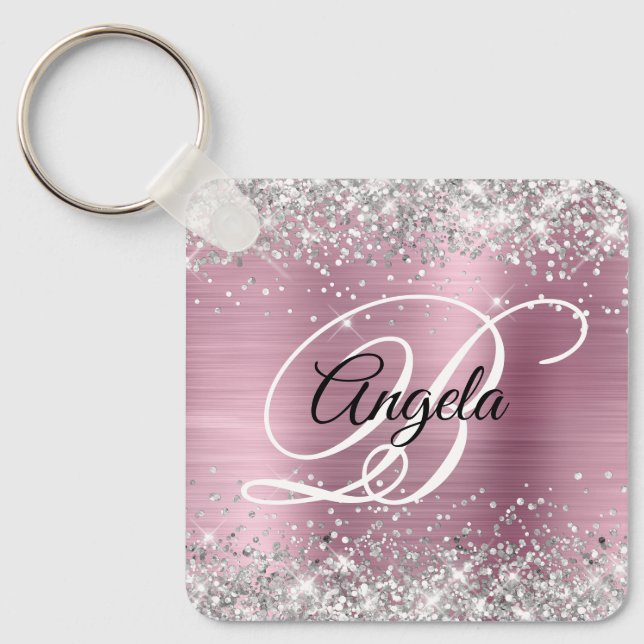 Porte-clés Parties scintillant d'argent rose huile Fancy Mono (Recto)
