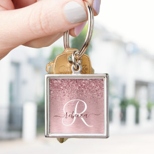 Porte-clés Parties scintillant en métal brossé rose pâle Nom