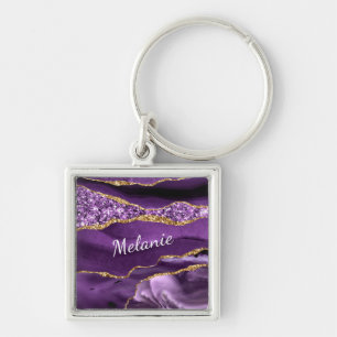 Porte-clés Parties scintillant en or violet Marbre Votre nom