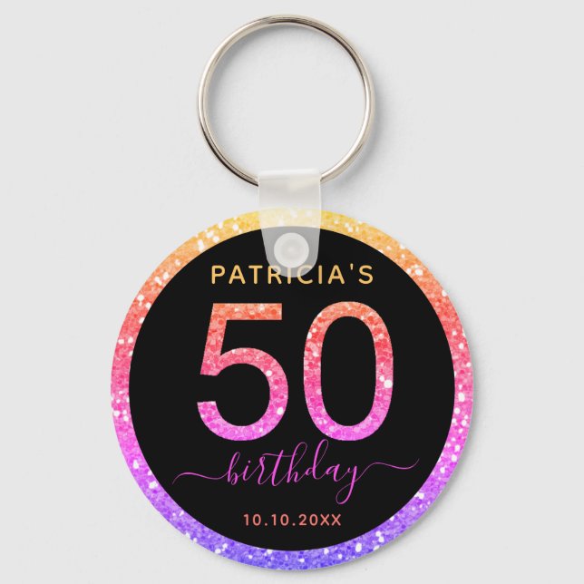 Porte-clés Parties scintillant rose et or 50e anniversaire Fê (Recto)