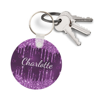 Porte-clés Parties scintillant violet gouttes monogramme init
