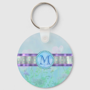 Porte-clés Pastel Blue Floral Monogramme