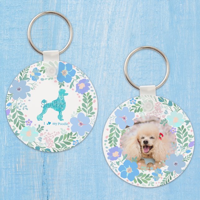 Porte-clés Pastel Blue Poodle Custom Floral Name & Photo (Créateur téléchargé)