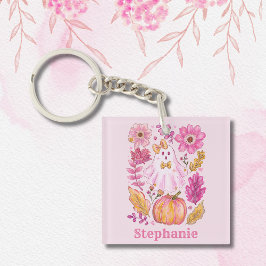 Porte-clés Pastel Pink Halloween Ghost with Custom Name