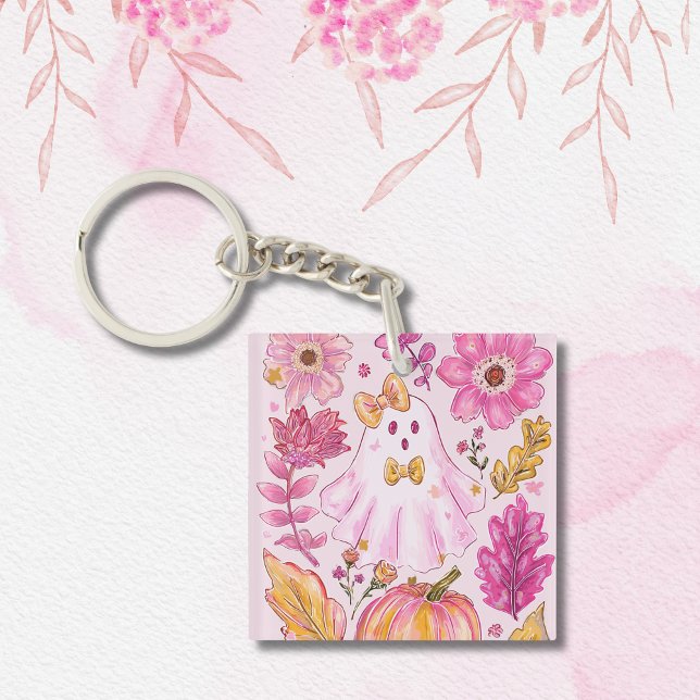 Porte-clés Pastel Pink Halloween Ghost with Flowers and Pumpk (Créateur téléchargé)