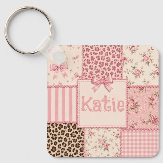 Porte-clés patchwork floral léopard Coquette (Recto)