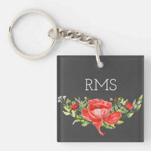 Porte-clés Pavot rouge sur gris Monogramme personnalisable