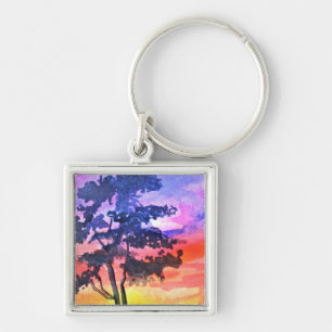 Porte-clés Paysage de rêve au coucher du soleil en aquarelle