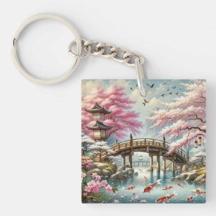 Porte-clés Paysage japonais avec Pont, Koi et Sakura