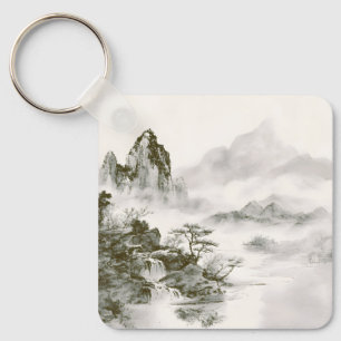 Porte-clés Paysage minimaliste de montagne zen à l'encre brum