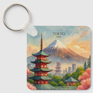 Porte-clés Paysage urbain de Tokyo Japon aquarelle souvenir