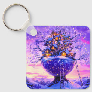 Porte-clés Paysage villageois hivernal de l'arbre enneigé Fan