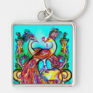Porte-clés PEACOCKS IN LOVE MONOGRAM rouge bleu turquase vert