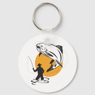 Porte-clés Pêche à la mouche Truite Coucher de soleil Silhoue
