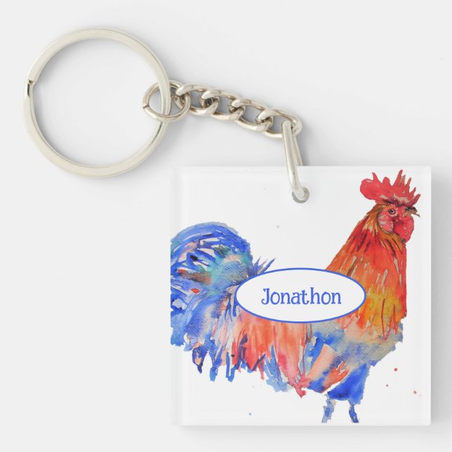 Porte-clés Peinture aquarelle bleue de poulet Coq Rouge (Devant)
