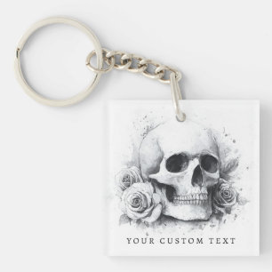 Porte-clés Peinture aquarelle de crâne avec des roses