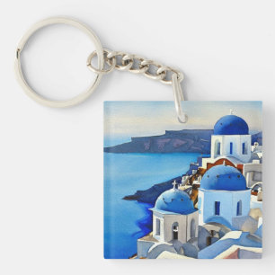 Porte-clés Peinture aquarelle de Santorin Grèce