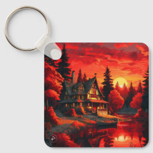 Porte-clés Peinture coucher de soleil avec chalet et lac-6663