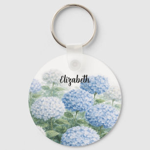 Porte-clés Peinture d'hortensia bleu à nom personnalisé